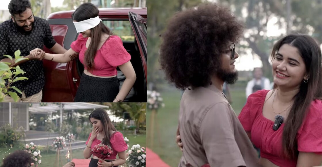 Rishi proposing to his girlfriend Aishwarya. Photos: YouTube/ Mudiyan