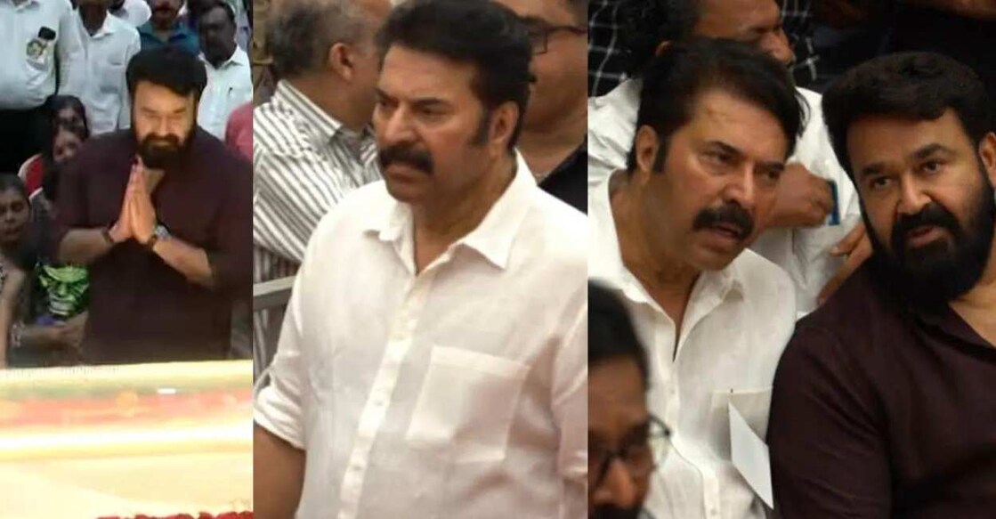 Mammootty and Mohanlal paid their last respects to veteran actor Kaviyoor Ponnamma. Screengrab: Manorama News