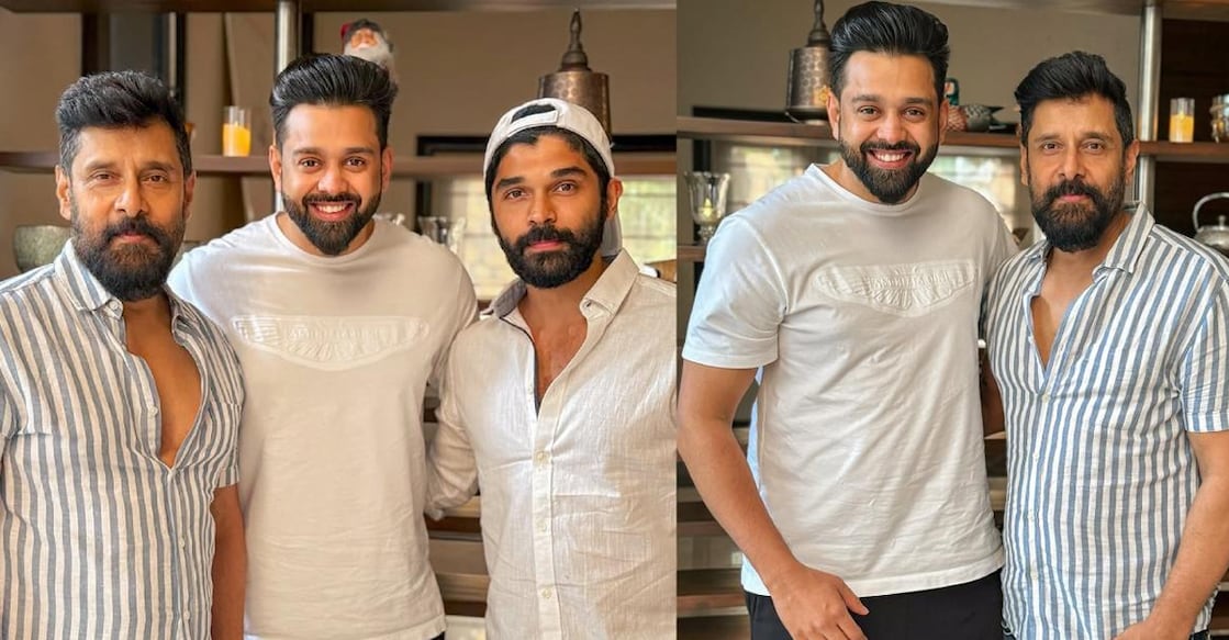 Shareef Muhammed with Chiyaan Vikram and Dhruv Vikram. Photo: Instagram