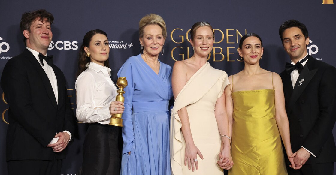 'Hacks' cast Adam Bricker, Jen Statsky, Jean Smart, Hannah Einbinder, Lucia Aniello, and Paul W. Downs pose with the award at the 82nd Golden Globe Awards. Photo: Reuters/Mario Anzuoni