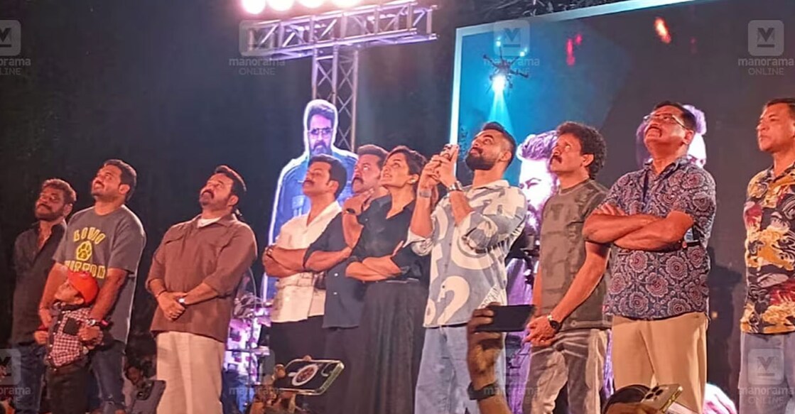 'Empuraan' team witnessing the drone show. Photo: Manorama Online