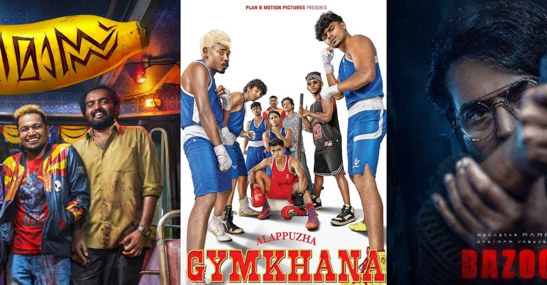 Posters of 'Maranamass', 'Alappuzha Gymkhana', and 'Bazooka'. Photos: Imdb