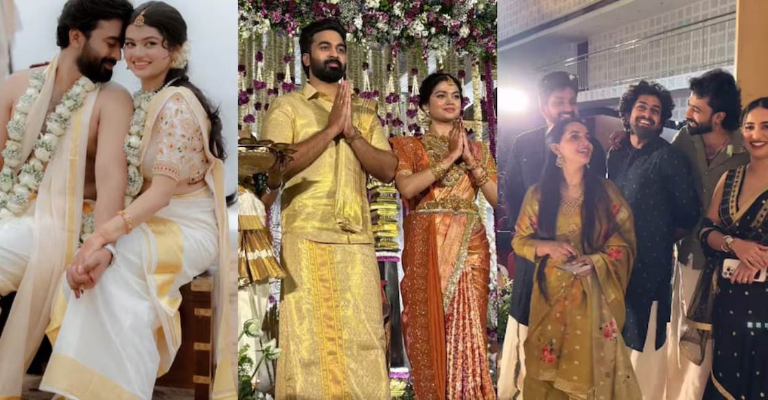 Nandu Anand and KalyanI tied the knot at Guruvayoor temple. Photo: Instagram