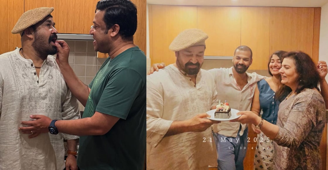 Mohanlal with his family (R). Photo: Instagram/ mayamohanlal, sameer_hamsa