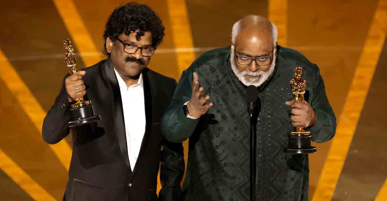 Chandrabose and M M Keeravani accept the Best Original Song award for 'Naatu Naatu' from "RRR" onstage during the 95th Annual Academy Awards at Dolby Theatre on March 12, 2023 in Hollywood, California. Photo: Kevin Winter/Getty Images/AFP
