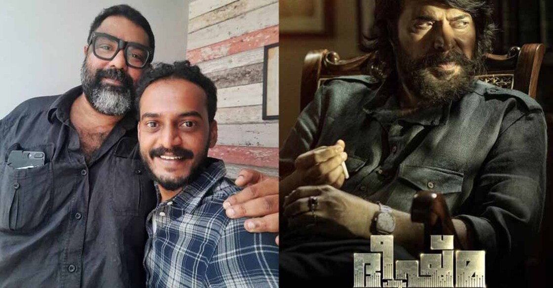 Combo image of Devadath Shaji posing with Amal Neerad and from the movie poster of Bheeshma Parvam.
