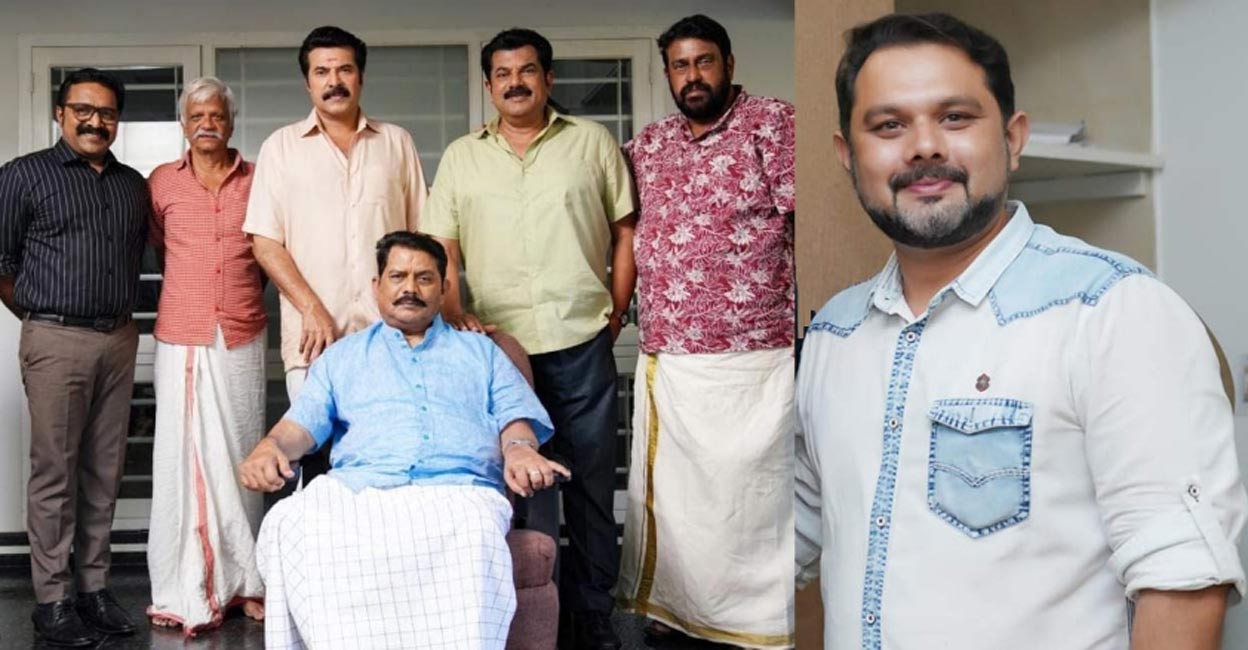 Jagathy Sreekumar (sitting) with (L to R) actor Ranji Panicker, Script Writer S N Swamy, actor Mammootty, actor Mukesh, director K Madhu. (Far right) Jagathy Sreekumar's son Rajkumar.