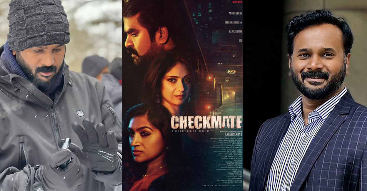 Director Ratish Sekhar (left and right); Poster of his film 'Checkmate'. Photo: Special Arrangement