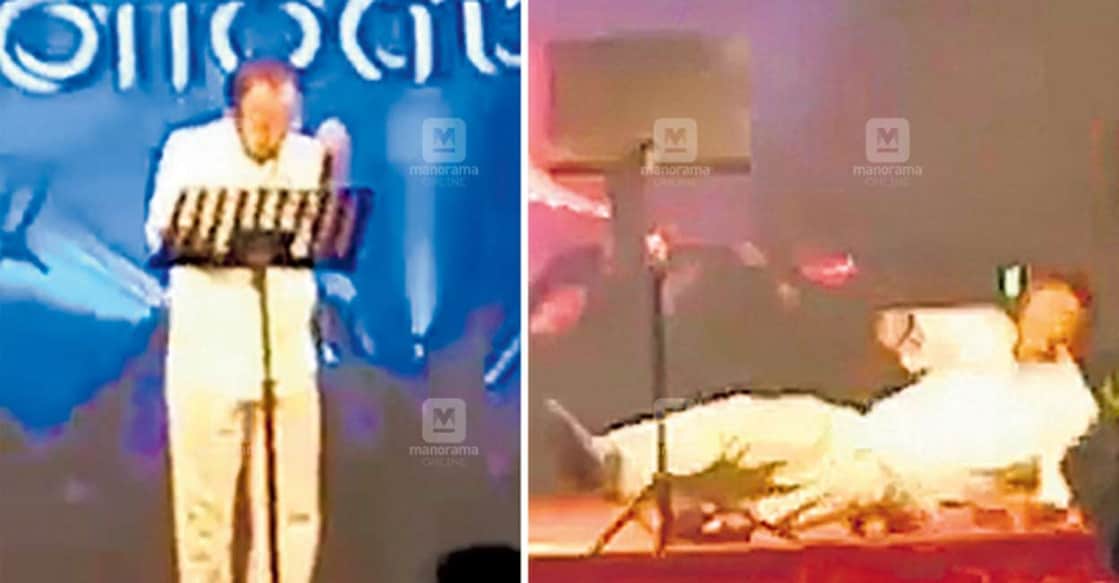 Veteran playback singer Edava Basheer at the music concert where he collapsed on stage (screengrab).