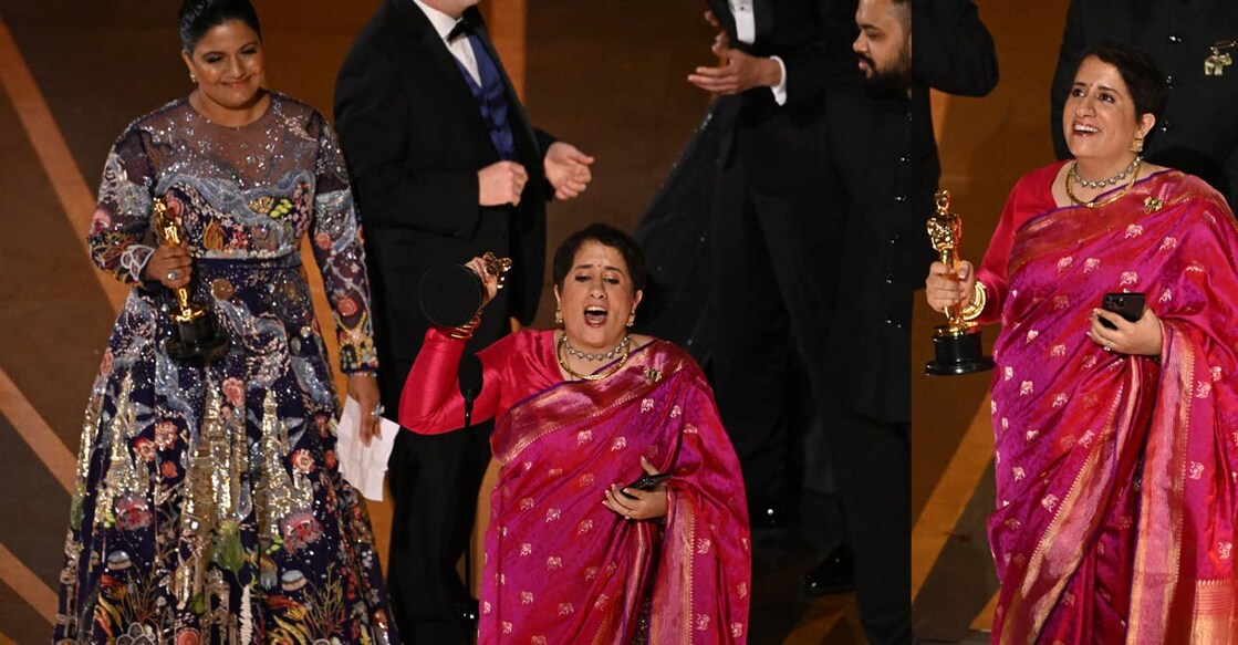 Kartiki Gonsalves and Guneet Monga - 'The Elephant Whisperers' director and producer duo - brought Indian colours to the red carpet. Photo: Reuters