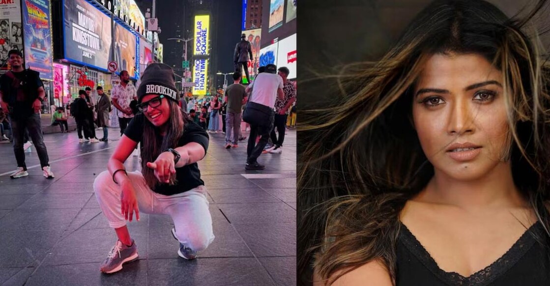 Amrutha Suresh wore a black top and white baggy pants. Photos | Instagram