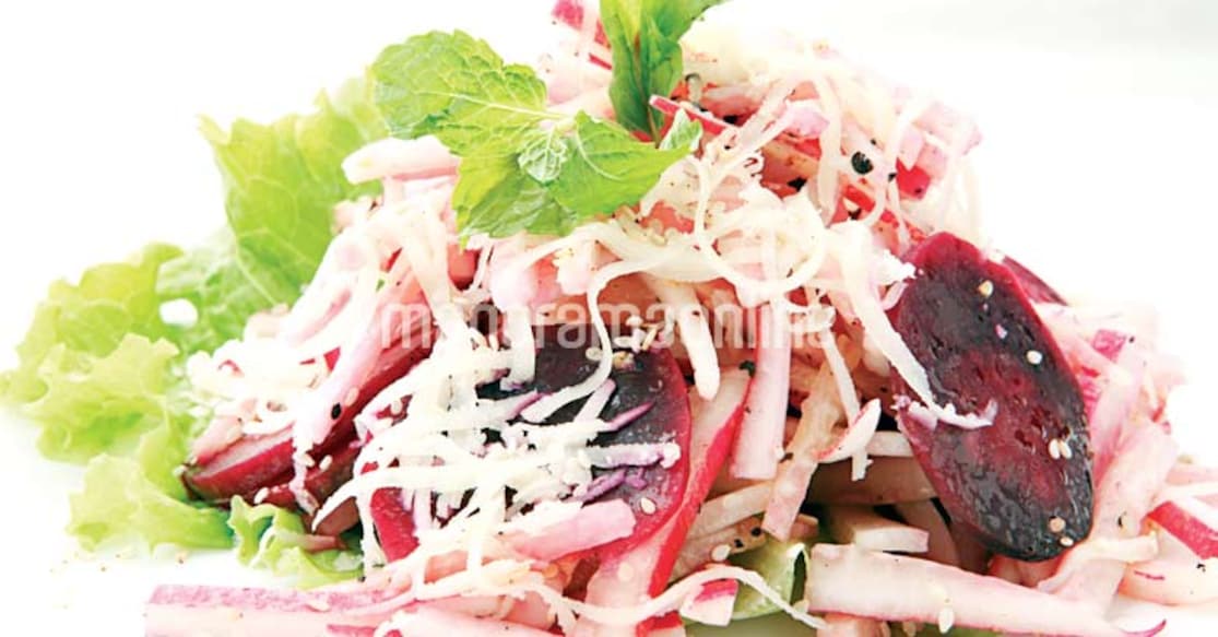 Boiled beetroot and fresh radish are paired with mozzarella cheese for a delicious salad.