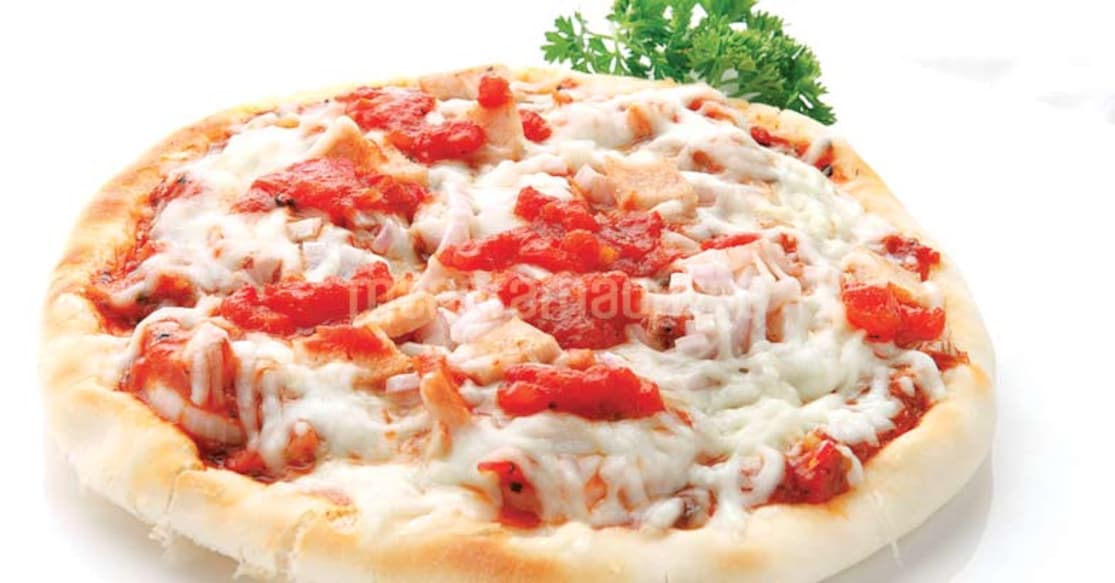 Yummylicious pizza with herbed tomato topping, cheese and sausages.