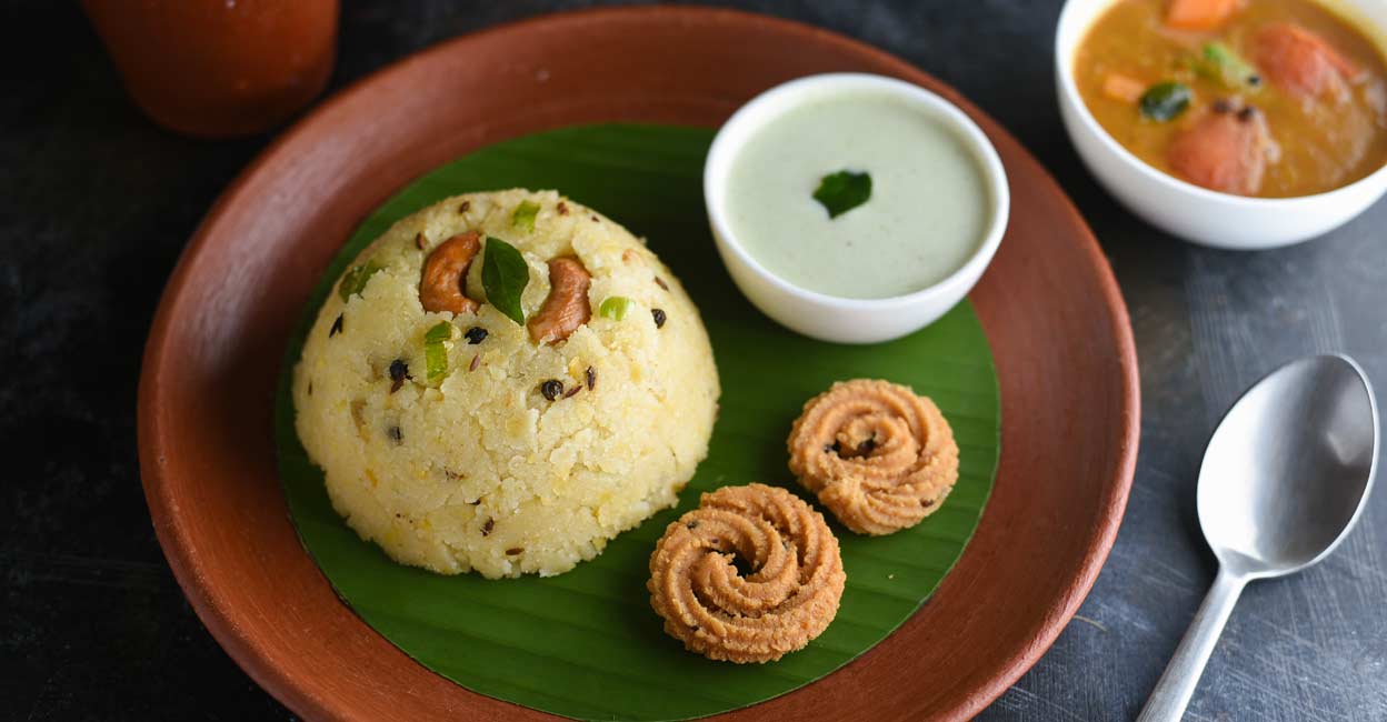 pongal Ven pongal with coconut chutney, sambar and ari murukku. Photo: Shutterstock/Santhosh Varghese