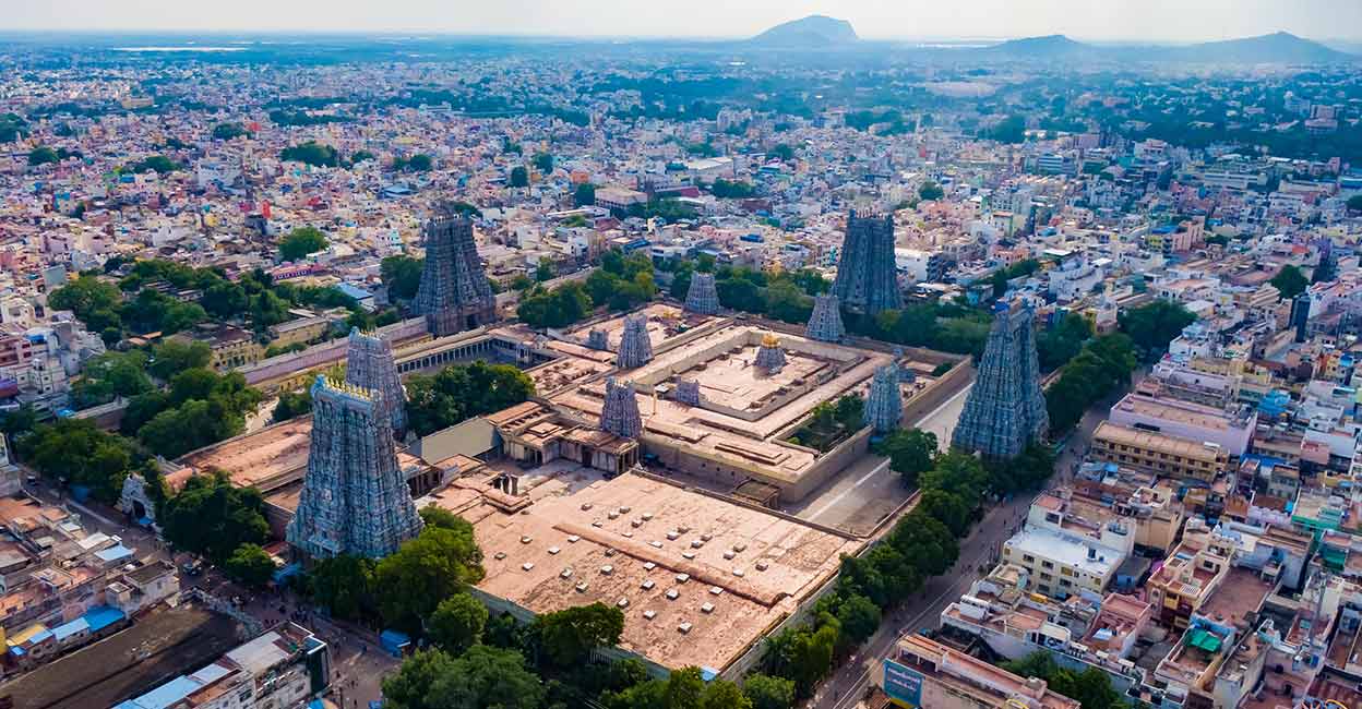 Madurai Meenakshi temple A drone shot Madurai Shri Meenakshi Sundareshwarar Temple. Photo: Shuttesrstock/Pranavan Shoots