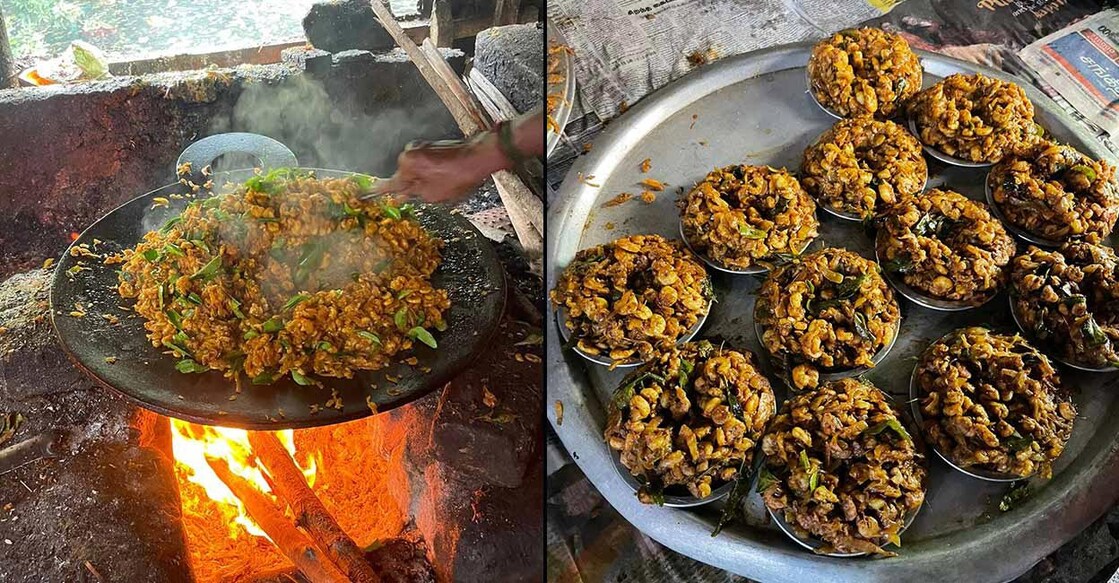A flat tawa is heated over a makeshift stove made using a huge drum. Marinated prawns and king mackerels are fried and roasted on this tawa as per order. Photo: Balram Menon