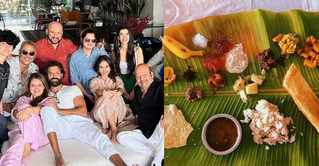 Hrithik Roshan with his family (L), South Indian sadya (R). Photo: Rajesh Roshan's Instagram page