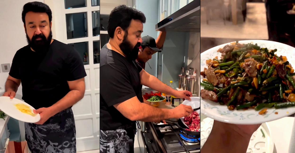 In the video, Mohanlal is seen assisting his friend in kitchen while grooving to the viral film song “Pala pally thiruppally”.