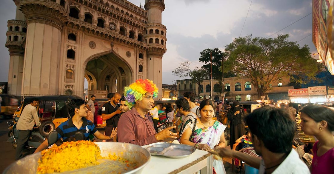Street food vendors in front of the Charminar in Hyderabad. Photo: iStock/Manu_Bahuguna