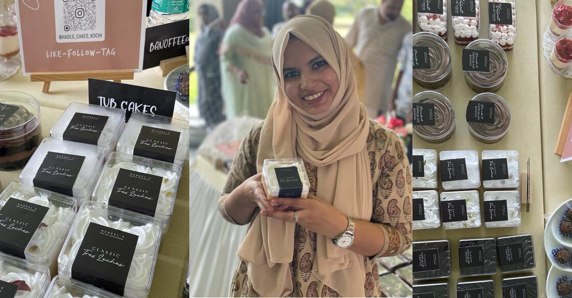 Ayesha Hadeel with Tres Leches cake (middle) at the Kochi Mercato Flea Market at Hotel Le Meridian, Kochi. Photo: Special Arrangement