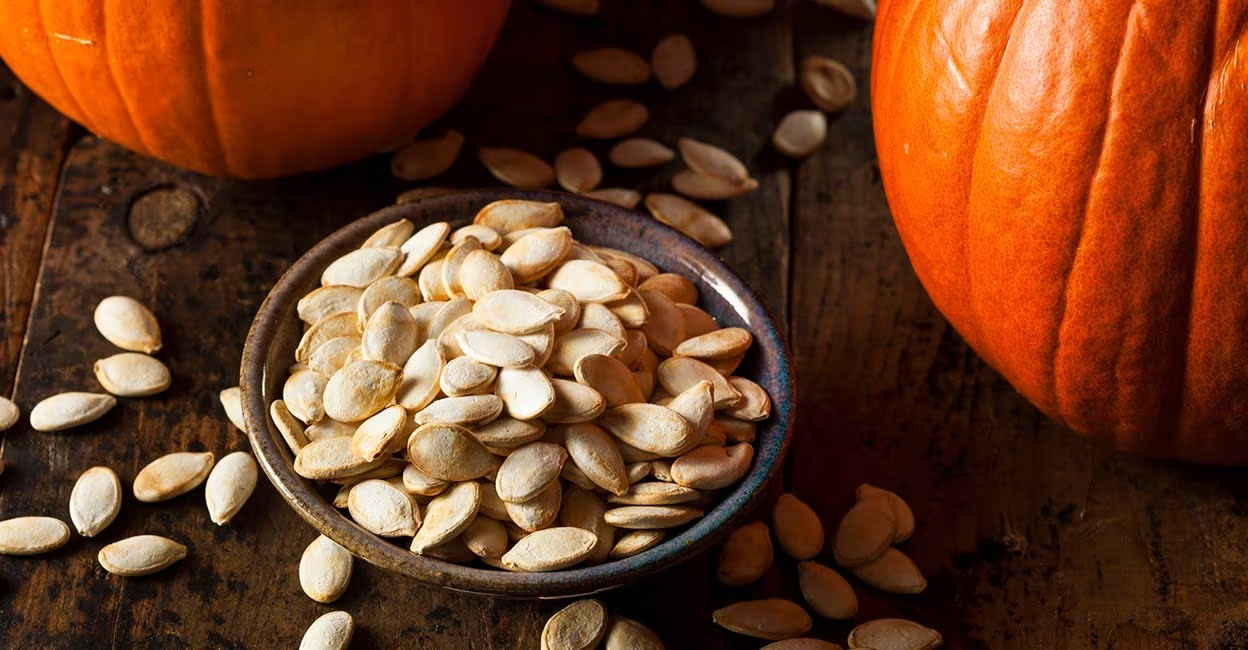 pumpkin-seeds According to experts, these flat, oval-shaped seeds are a powerhouse of carbohydrates, dietary fibre, protein, fat, vitamin K, Vitamin C, Folate, Vitamins B5 and B6, Vitamin E, Potassium, sodium, magnesium, iron, phosphorous, zinc, copper and manganese, etc. Photo: iStock/bhofack2
