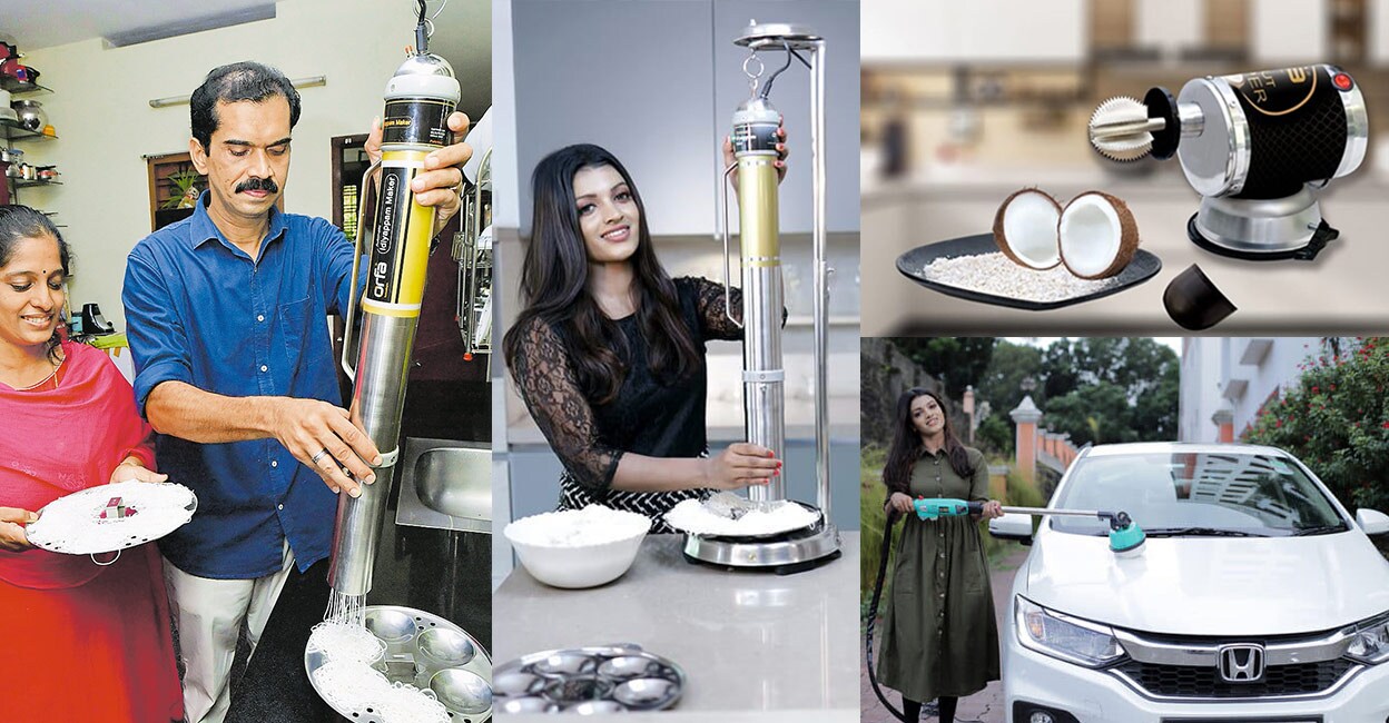 Manoj Thomas with his wife Seena (left) and various equipment he developed (right). Photo: Special Arrangement