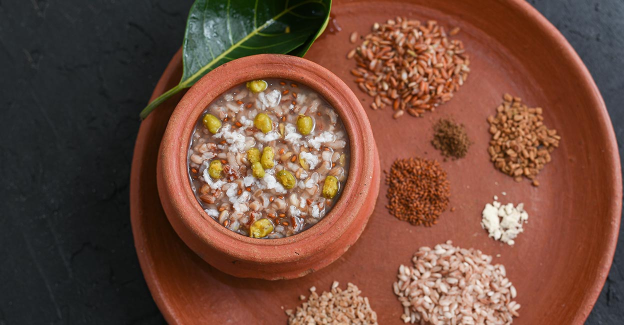 Karkidaka kanji Karkidaka kanji, an Ayurvedic rice gruel prepared in a kashayam or a herbal concoction made of various herbs and spices. Photo: iStock/santhosh_varghese