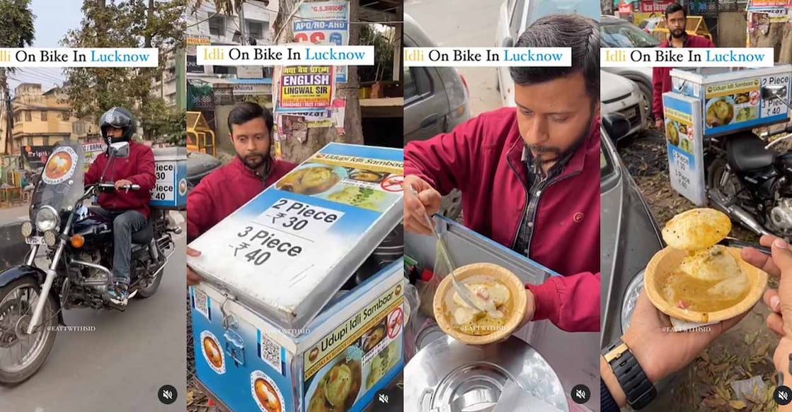 A food vendor in Lucknow, Uttar Pradesh, inspired by the food delivery agents, decided to sell idlis, just like the agents carry the food. Screengrabs from a video posted at Instagram @ eattwithsid