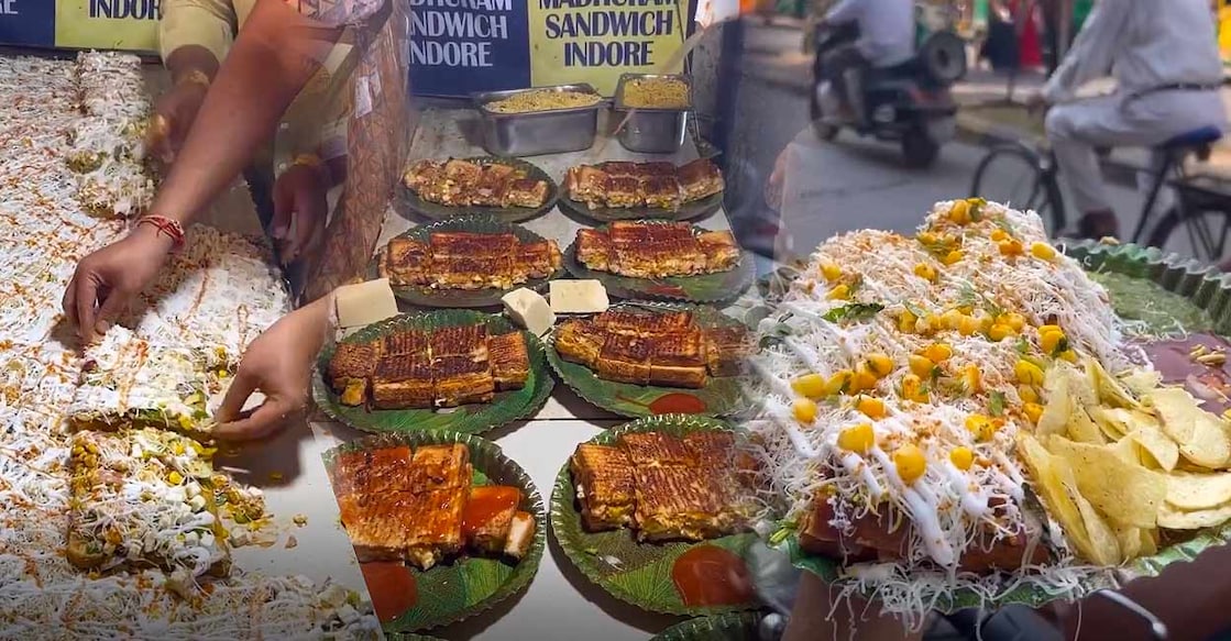 ‘Baahubali’ sandwich, made at the Madhuram sandwich shop in Indore, that has three layers is prepared for thirty five persons at the same time. Photo: Screengrab from the video posted by Instagram @curly.tales
