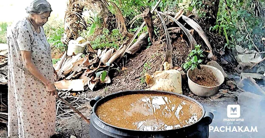 Thressiamma, every year, cooks  fifteen para (paddy measuring unit) paddy grains with water in a giant cauldron on wood fire stove.