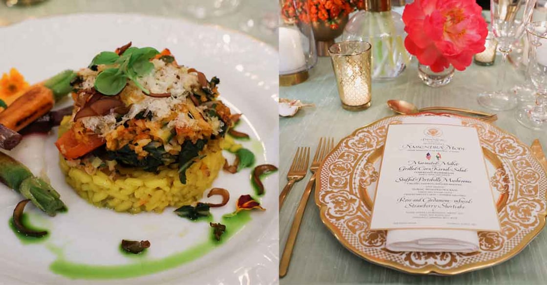 modi-menu A dish on the menu for the dinner (left) and the menu for the event (right). Photos: Reuters/Evelyn Hockstein