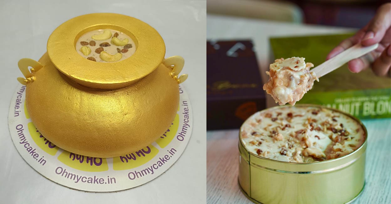oh-my-cake-palada-cake The payasam is served on a butterscotch-flavoured cake, which is shaped as uruli, giving it a traditional touch. Photo: Special Arrangement