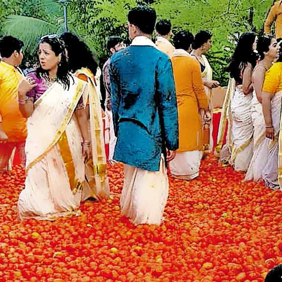 The celebration modelled after Spain’s famous La Tomatina festival marked the union of Nishta, from Noida, Uttar Pradesh, and Krith, a Delhi native, at the Gokulam Grand Resort at Kumarakom. Photo: Manorama