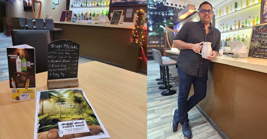 John Xavier, who hails from Chilavannoor, opened his restaurant in Northampton in 2021, and six months ago he also started a ‘kallu shaap’, which he says is the first toddy parlour in the UK.  Photo: Special Arrangement