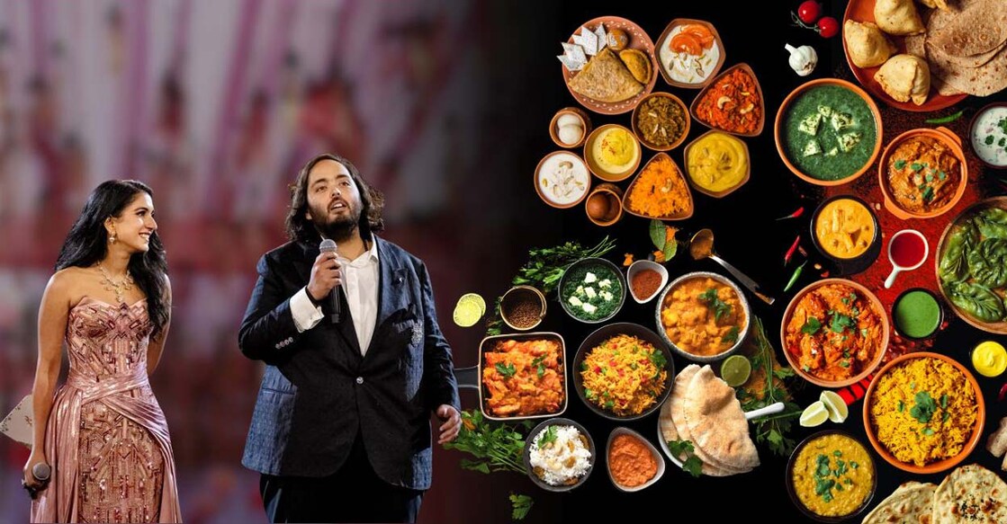 (L) Anant Ambani and Radhika Marchant during their pre-wedding bash, in Jamnagar, Friday night. A meticulously crafted menu by top chefs awaits the guests, featuring a grand feast with more than 2500 dishes representing diverse cuisines. Photo: PTI/Canva