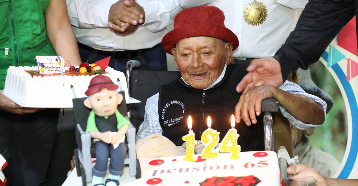 Peruvian Marcelino "Mashico" Abad smiles while celebrating his 124th birthday, as local authorities claim he might be the world's oldest ever person, in Huanuco, Peru April 5, 2024. Photo: Pension 65/Handout via REUTERS