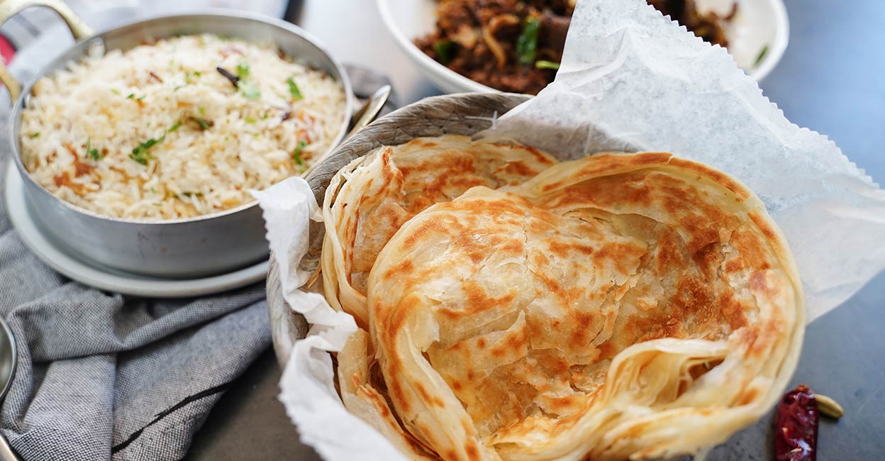 Kerala porotta Kerala porotta served with beef roast and ghee rice. Photo: iStock/vm2002