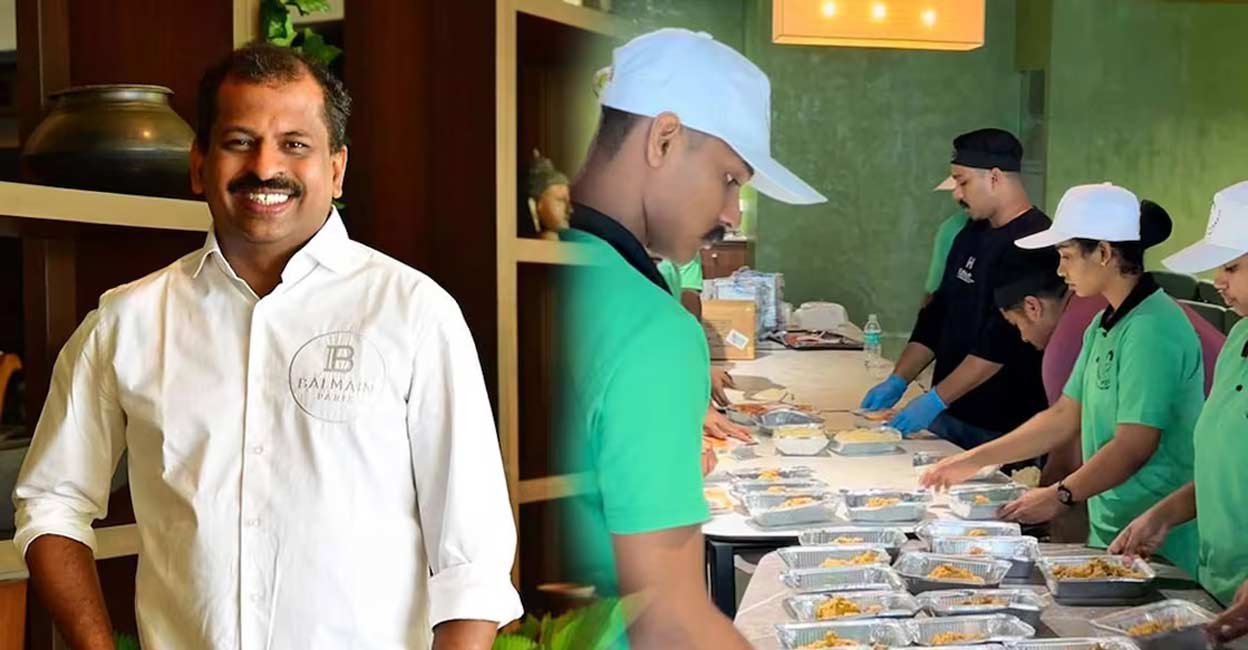 Chef Suresh Pillai (L), The staff of Sanchari restaurant in Batheri preparing meal packets to be delivered at Wayanad's landslide-hit areas. Photo: Instagram @chef_pillai