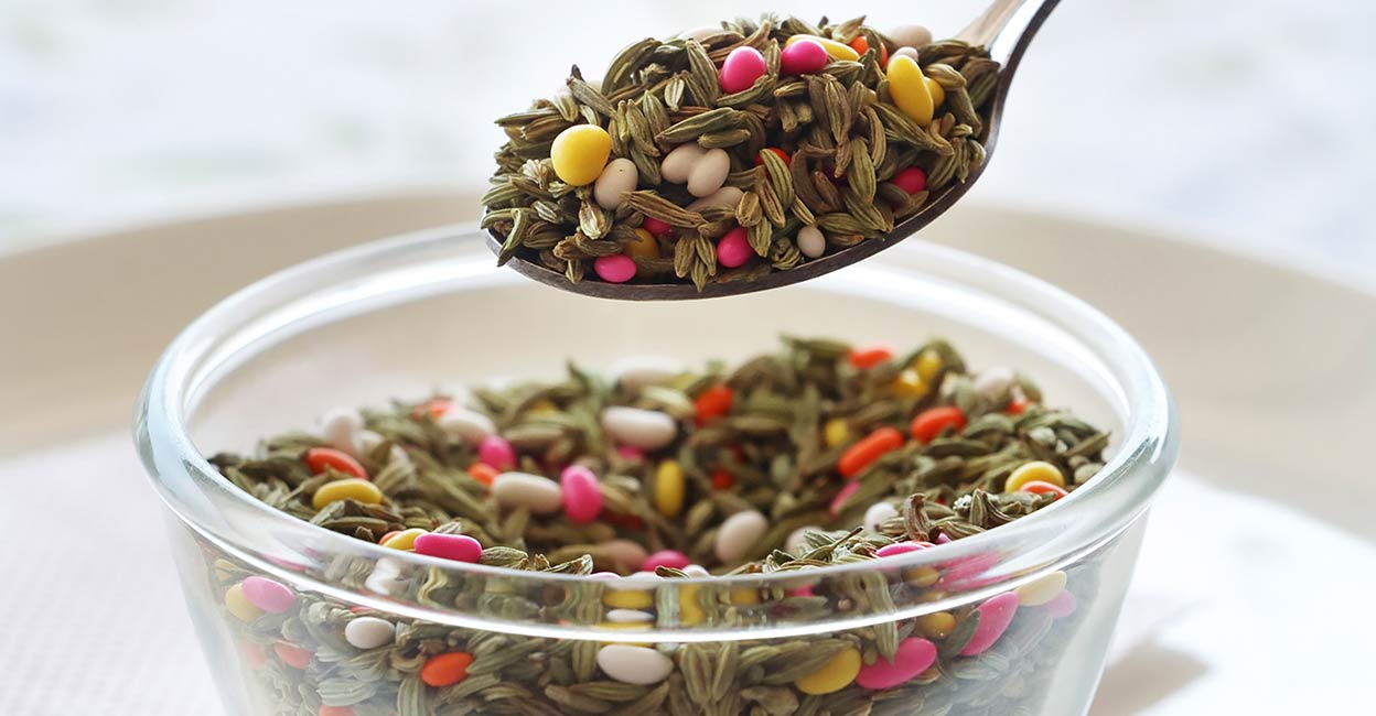 Mukhwas Sugar coated, fennel seeds, used as mouth freshener and digestive aid after meals, served at a restaurant. Photo: iStock/Credit:mtreasure