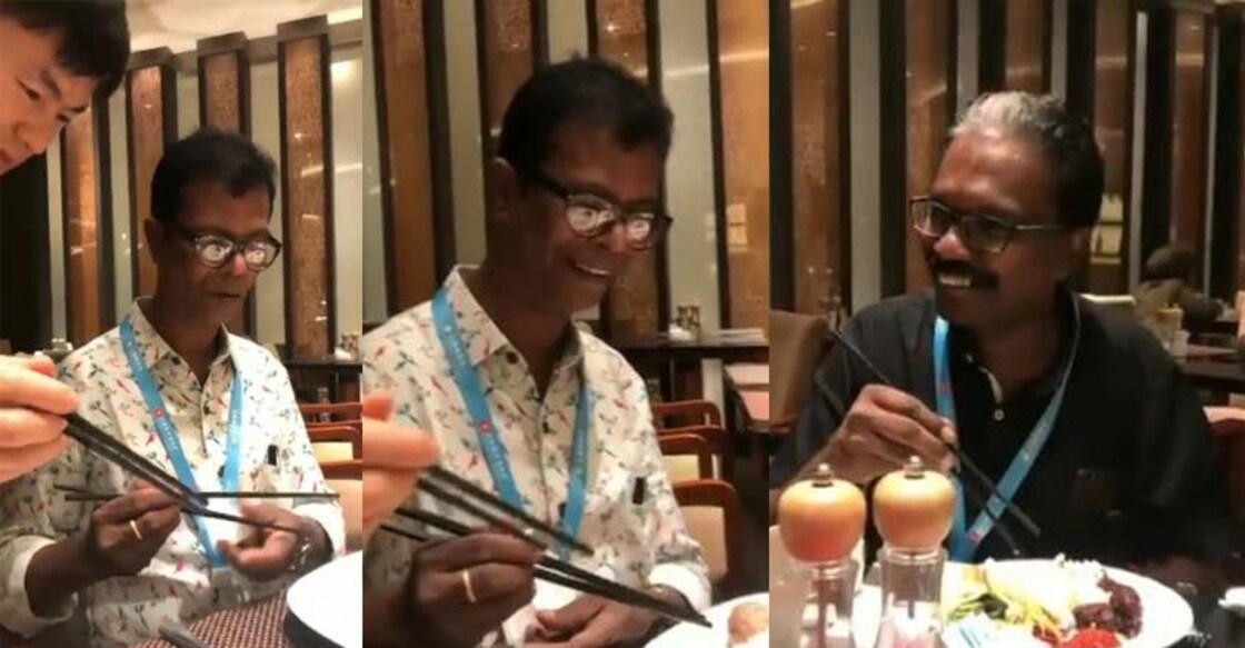 Indrans had a hard time with chopsticks at Shanghai restaurant Indrans had a hard time with chopsticks at Shanghai restaurant