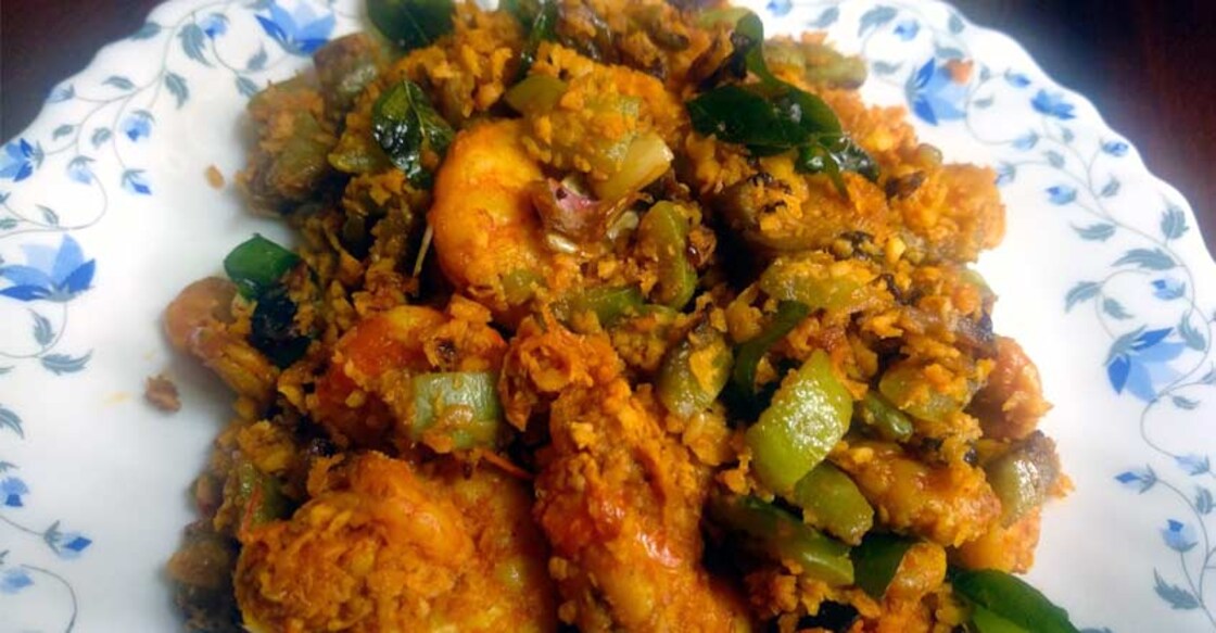 snake gourd prawns stir fry