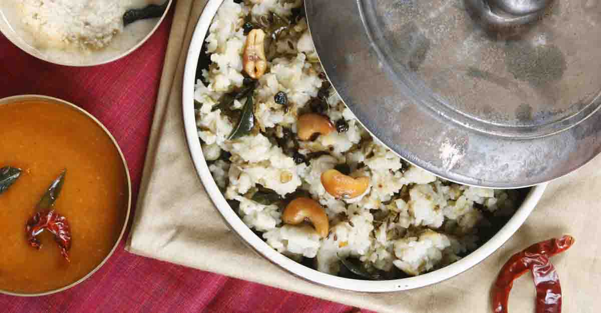 Ven pongal is served with coconut chutney, sambar and vadai. There are many types of Pongal.