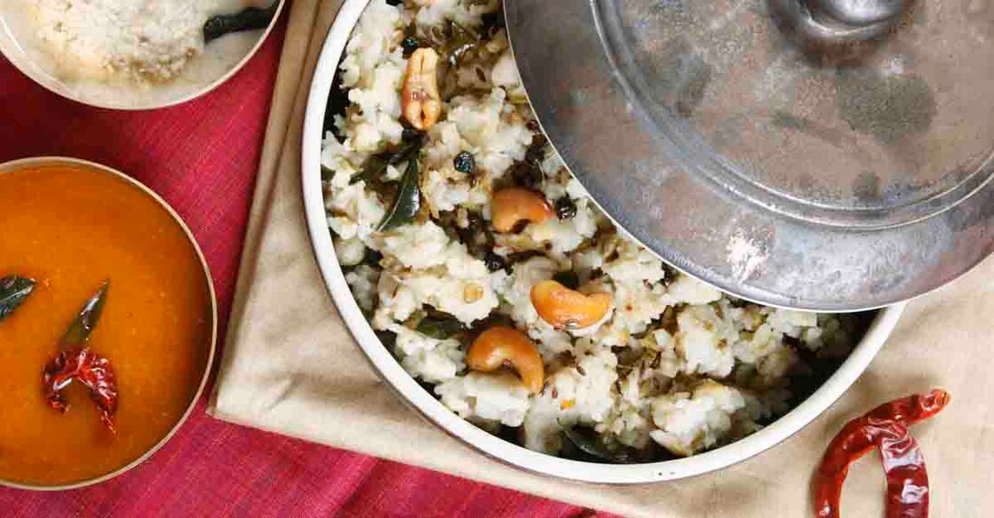 Ven pongal is served with coconut chutney, sambar and vadai. There are many types of Pongal.