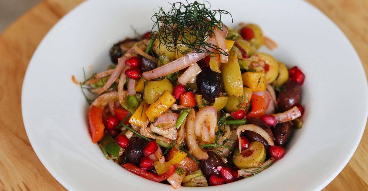 The salad is rich in black and green olives, dill, lettuce and parsley leaves, pomegranate and more. Photo: Chef Arun Vijayan