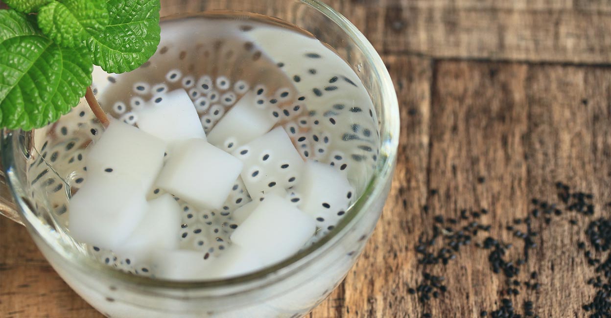Coconut jelly Coconut jelly in syrup with baisl seeds. Photo: Shutterstock/Thanthima Limsakul