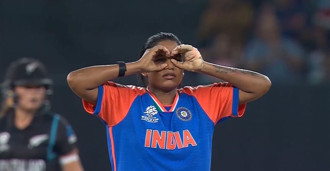 Asha Sobhana celebrates the wicket of Georgia Plimmer. Photo: Screengrab/Star Sports