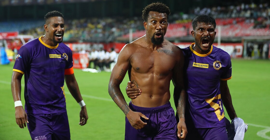 Forca Kochi striker Dorielton Gomes celebrates the winner with Rahul KP, the other goal scorer against Thiruvananthapuram Kombans in Super League Kerala at Jawaharlal Nehru International Stadium in Kochi on Friday. Photo: Special arrangement