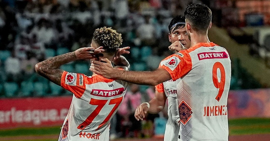 Noah Sadaoui celebrates his equaliser for Kerala Blasters against NorthEast United in the Indian Super League in Guwahati on Sunday. Photo: X/@KeralaBlasters