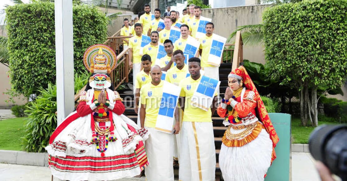 Kerala Blasters players at their hotel in Kochi wearing mundu. Josekutty J Panackal