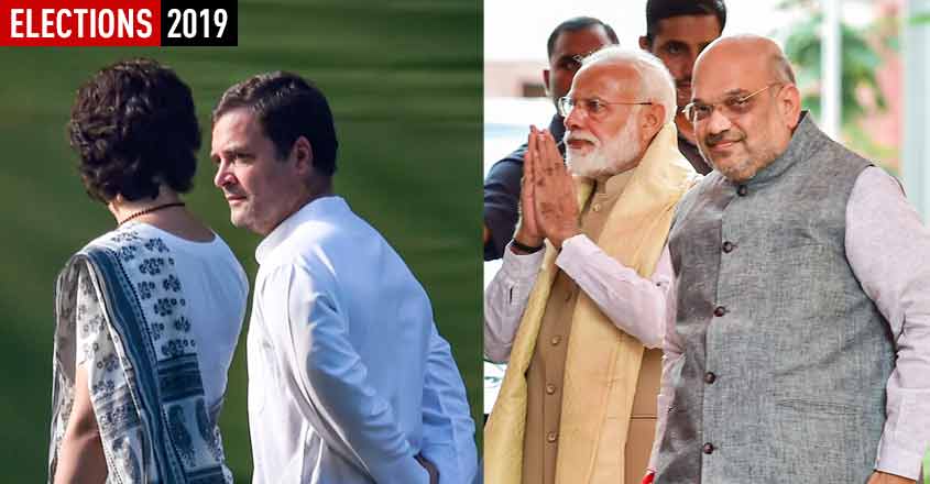 (Left) Priyanka Gandhi with Rahul Gandhi. (Right) Narendra Modi with Amit Shah. PTI